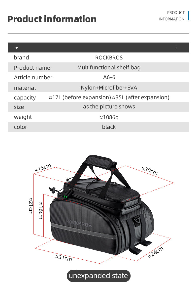 ROCKBROS 34L bike rack bag dimensions and specifications in unexpanded state.