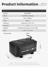 ROCKBROS rear rack bag specifications: 4L capacity, durable polyester, dimensions 30x12x17 cm.