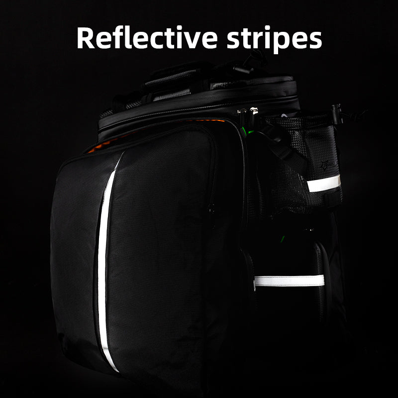 ROCKBROS 34L bike rack bag with reflective stripes for enhanced visibility at night.