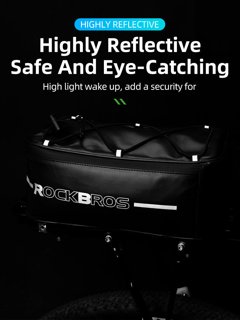 ROCKBROS Deluxe Bicycle Rear Rack Bag with reflective design for safety and bungee cord features.