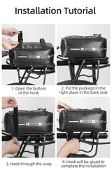 Installation tutorial for ROCKBROS Deluxe Bicycle Rear Rack Bag with steps for secure mounting.