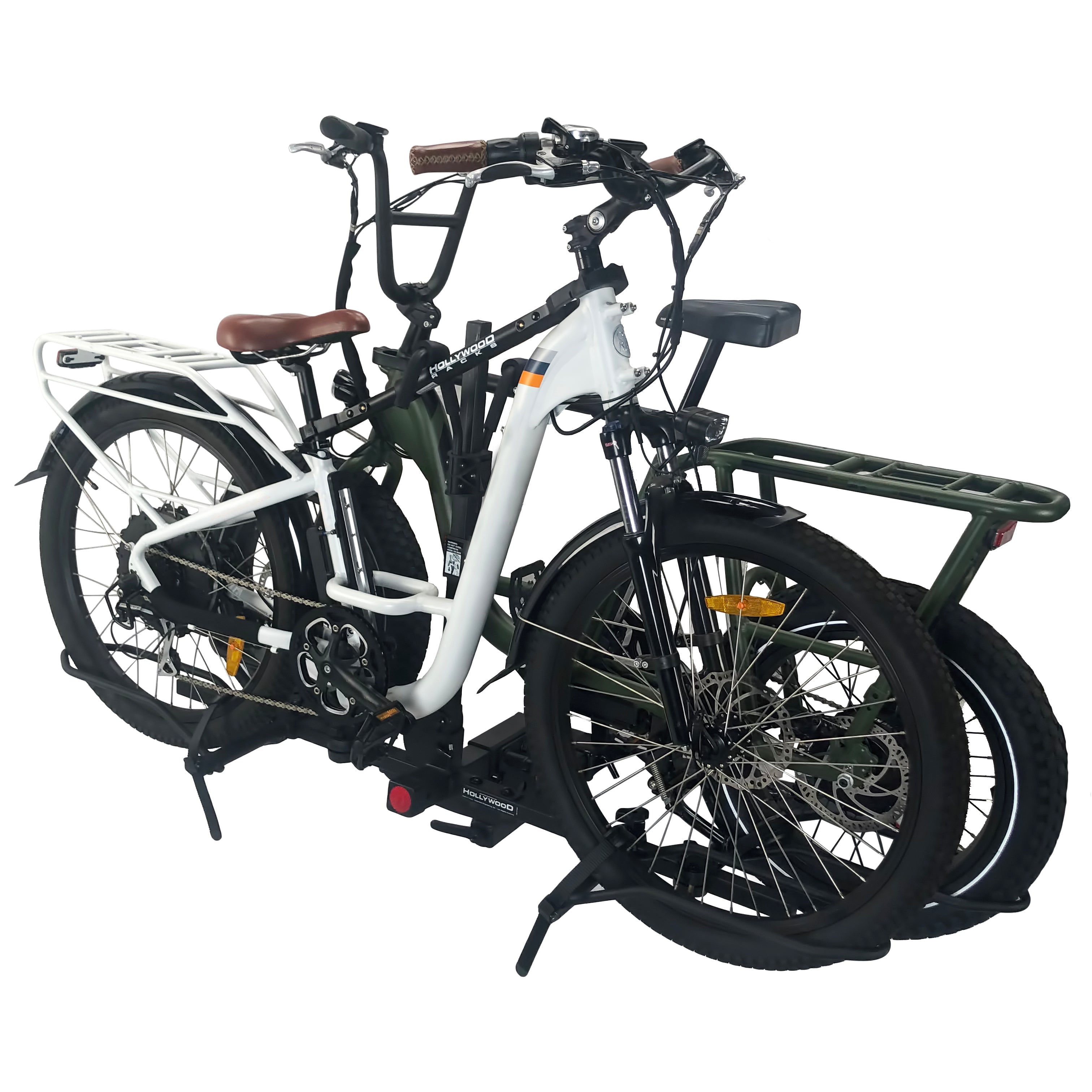 Folded Sport Rider bike rack holding two electric bikes with sturdy design.