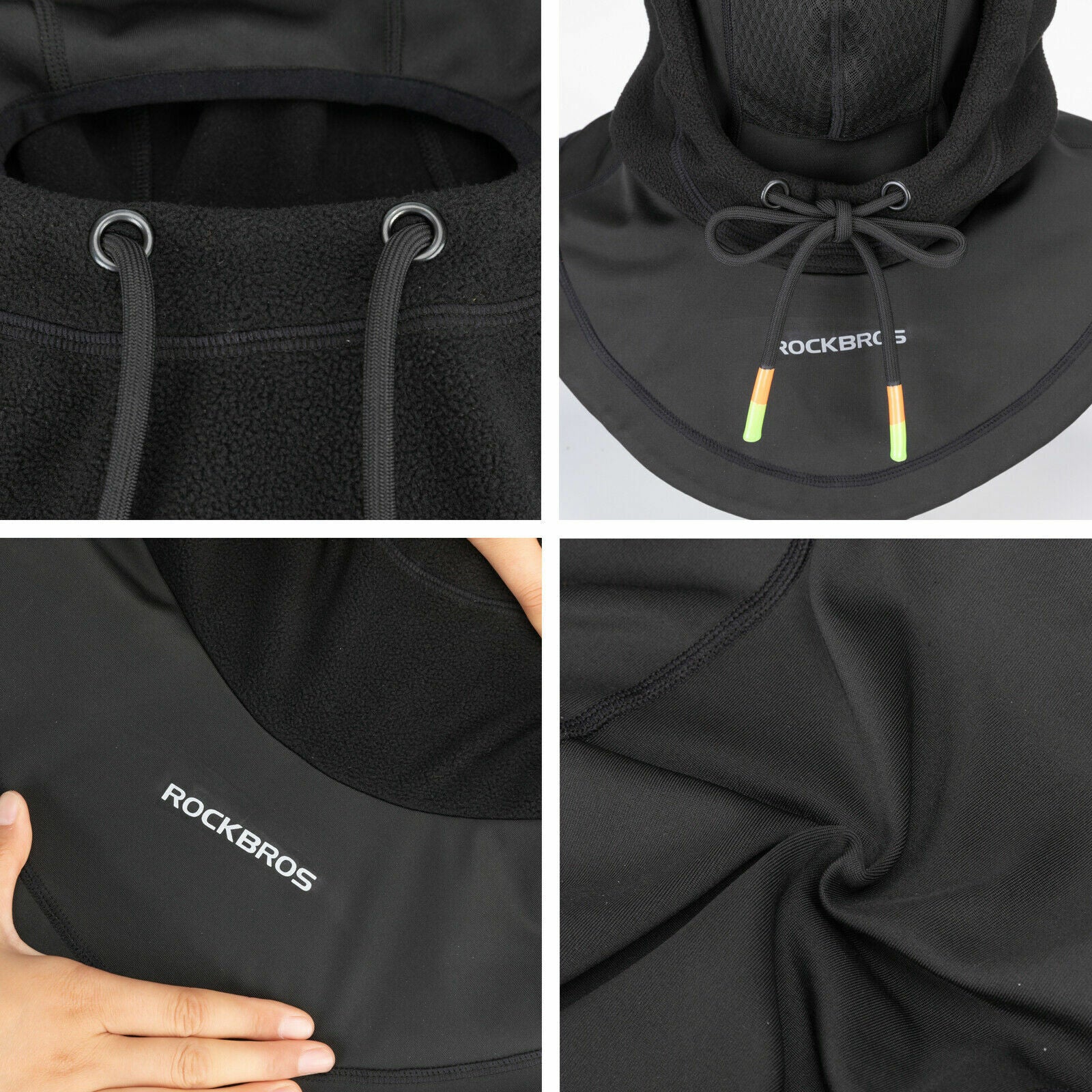 Details of ROCKBROS black thermal fleece balaclava for winter cycling and outdoor use.