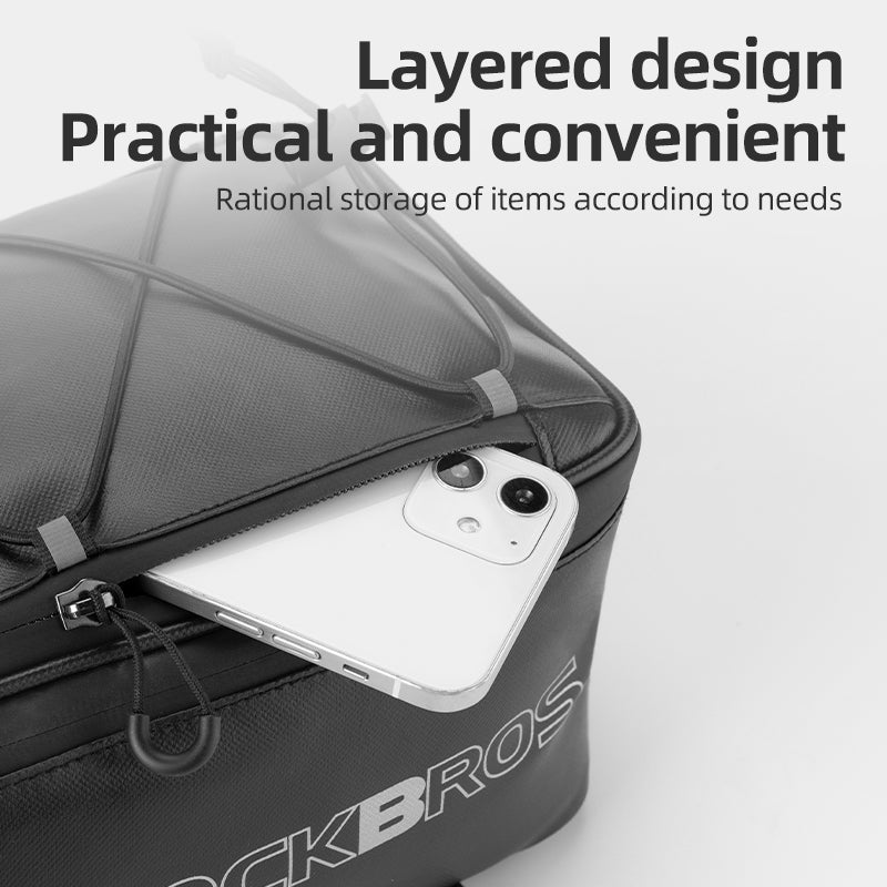 Close-up of ROCKBROS rear bag showing layered design and smartphone storage.