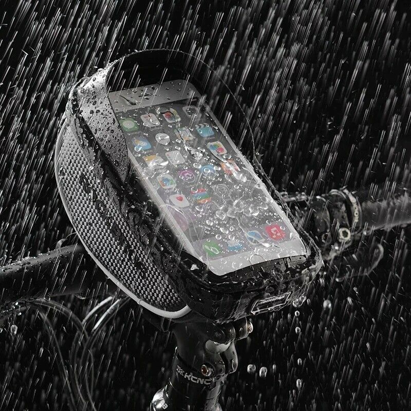 ROCKBROS waterproof smartphone case on bike, phone screen visible in rain