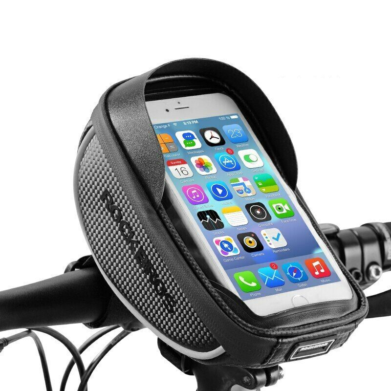 ROCKBROS cycling smartphone case mounted on bicycle handlebars with phone display visible