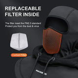 ROCKBROS winter balaclava featuring replaceable carbon filter for dust protection.