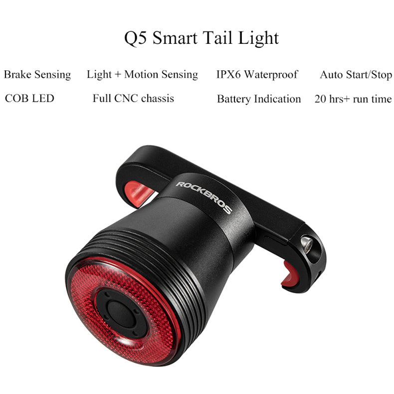 ROCKBROS Q5 Smart Tail Light with brake sensing and IPX6 waterproof features.