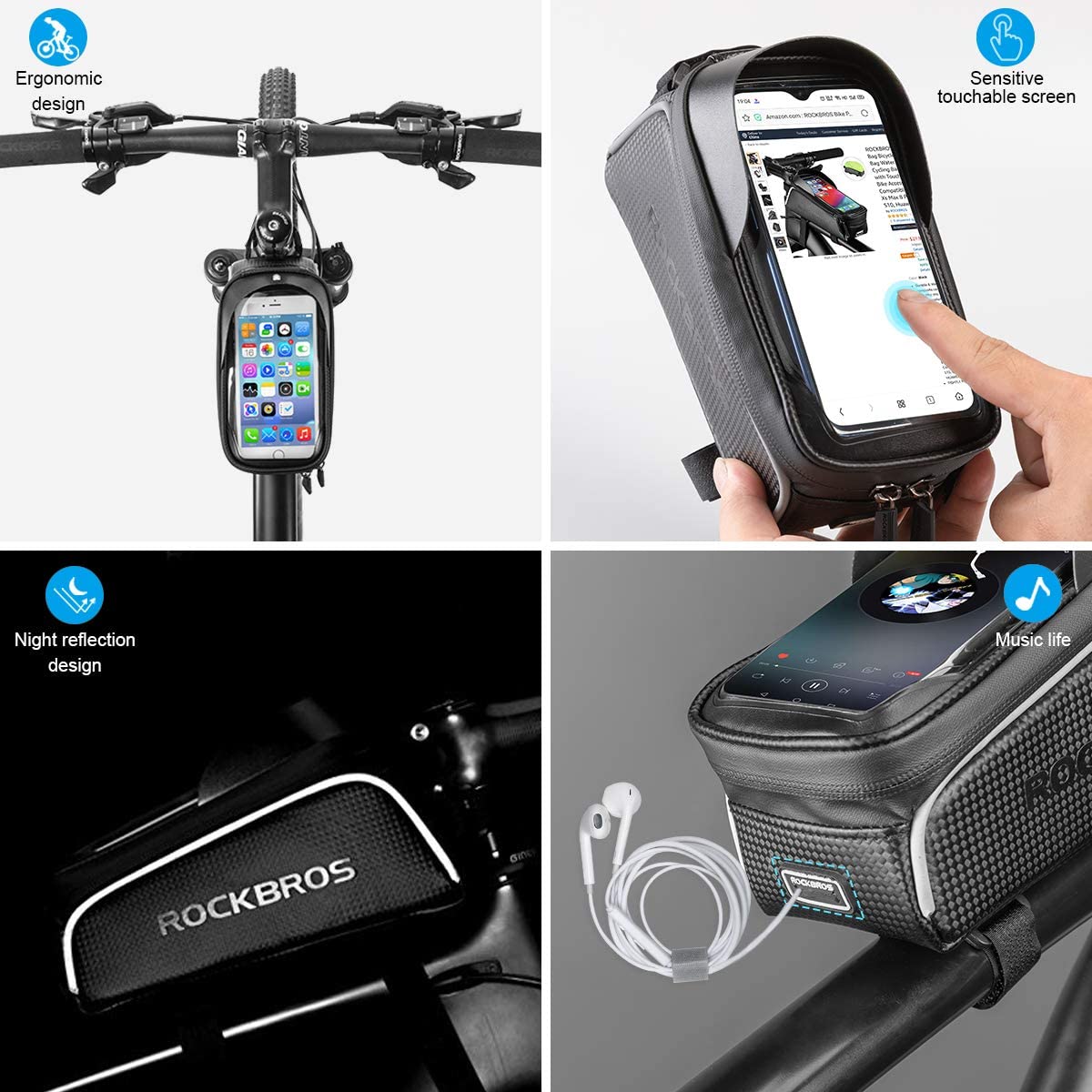 ROCKBROS bike bag with phone holder, ergonomic design, waterproof and reflective.