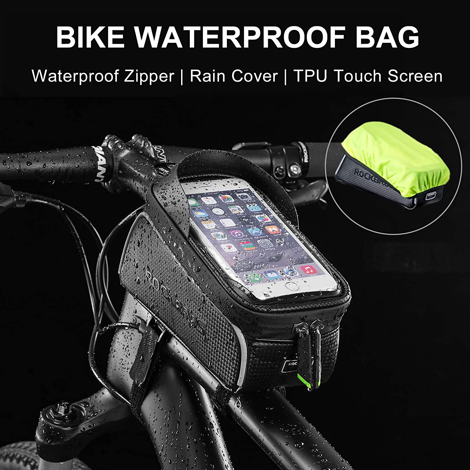 Waterproof ROCKBROS bike bag with touch screen phone case and rain cover.