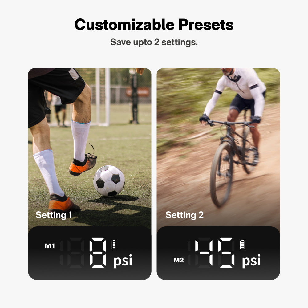 HOTO Air Pump features customizable presets for inflation, showing 8 psi and 45 psi settings.