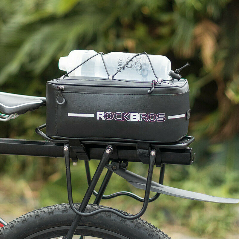 ROCKBROS rear rack bag in black, featuring bungee cord and sleek design for bike.