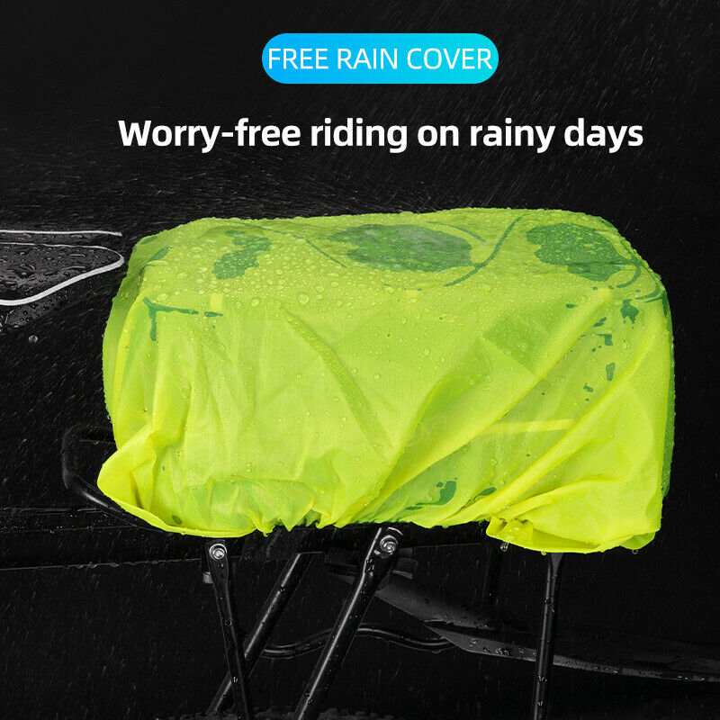 Bright yellow rain cover protecting ROCKBROS rear rack bag for wet conditions