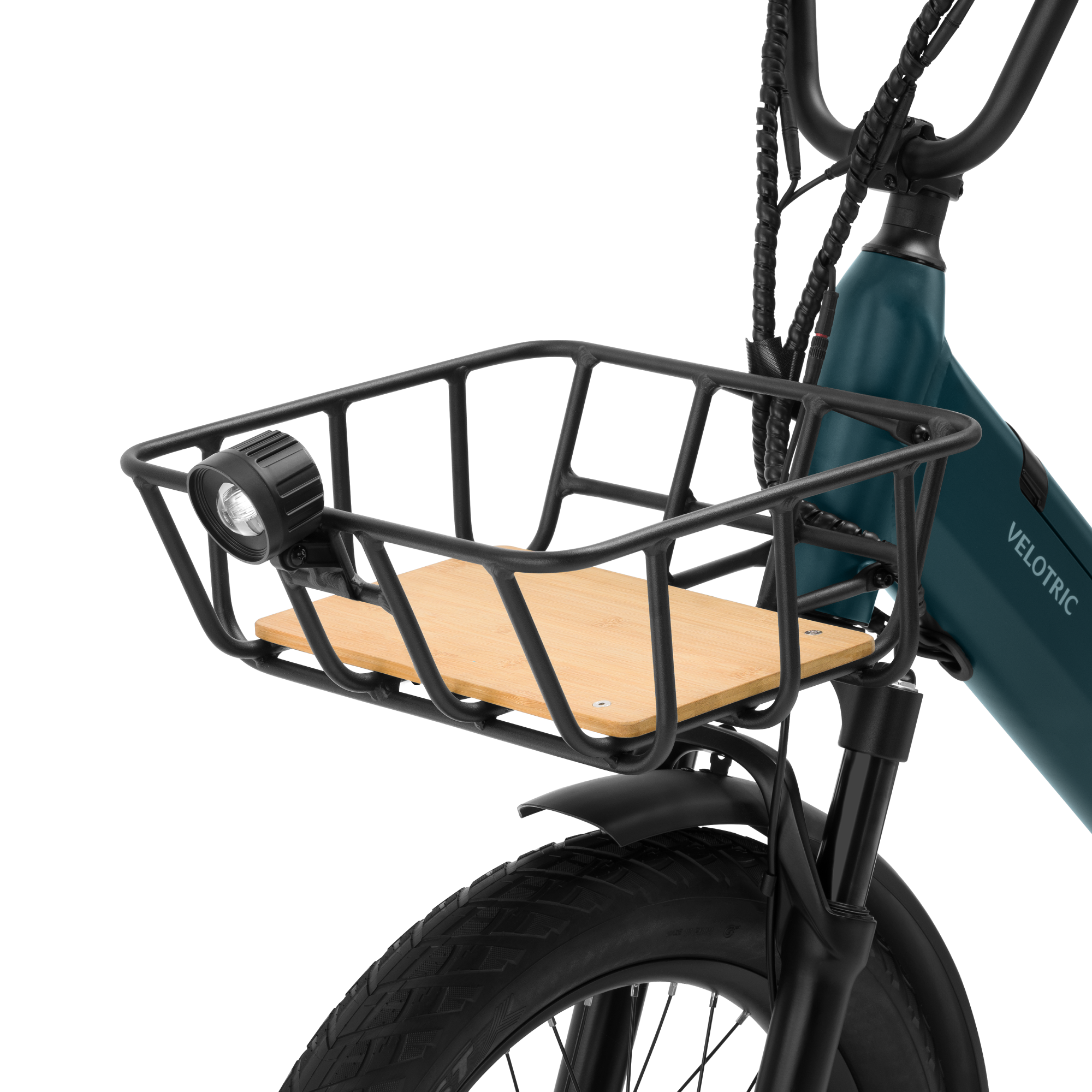 Sturdy bike front basket with bamboo base and built-in light