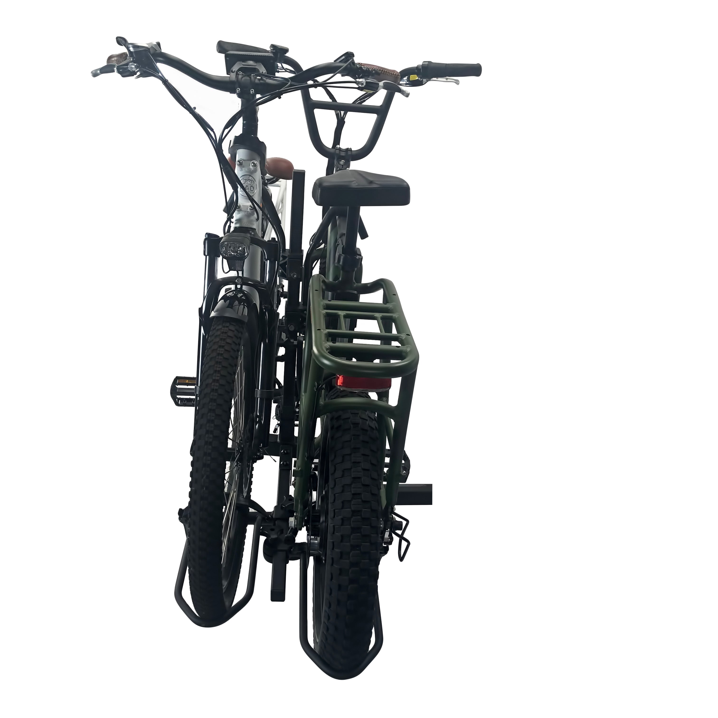 Sport Rider bike rack carrying two electric bikes with heavy-duty wheel holders.