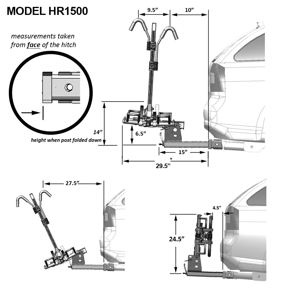 Technical diagram of HR1500 Sport Rider bike rack dimensions and features.