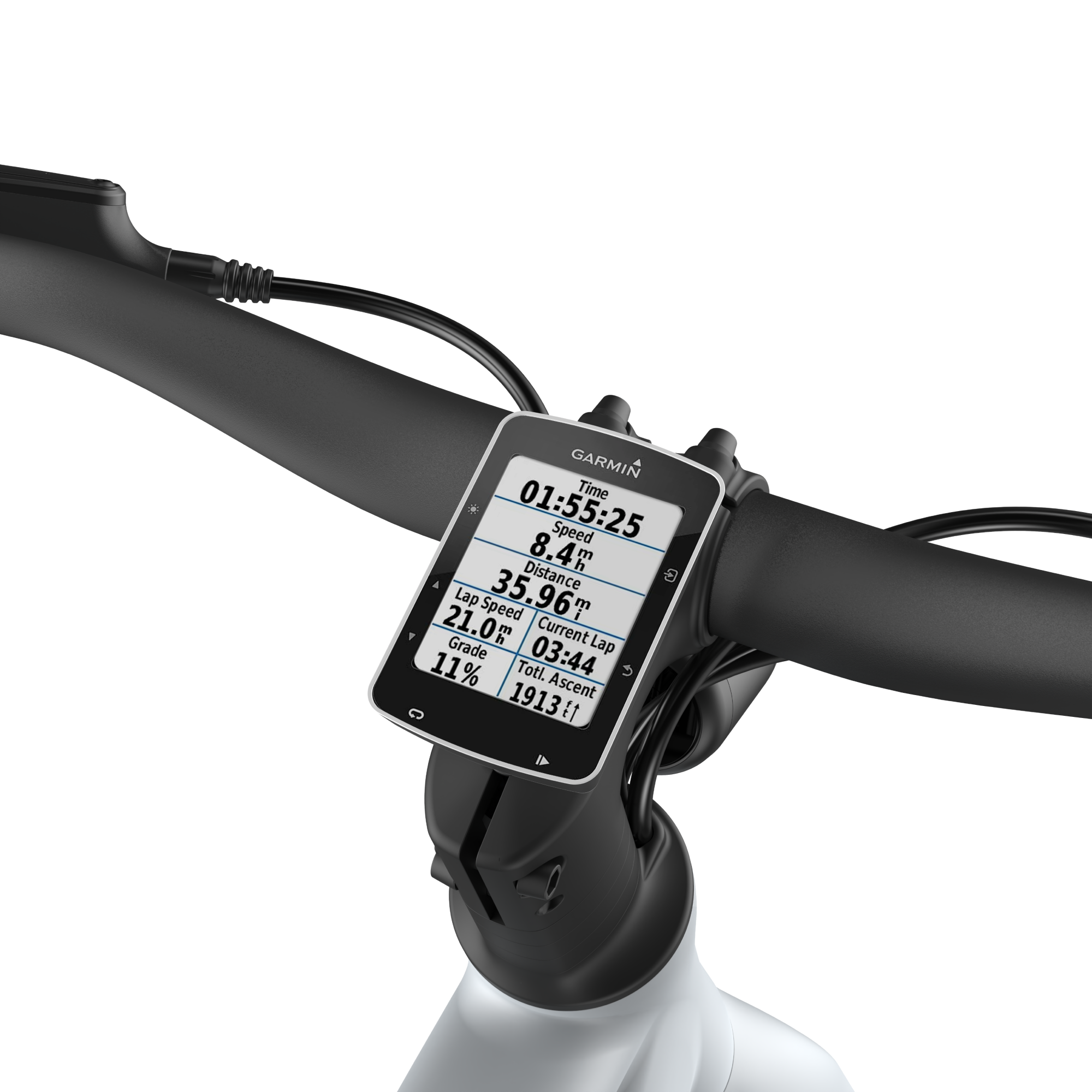 Garmin Edge cycling computer on bike handlebar displaying speed and time metrics.