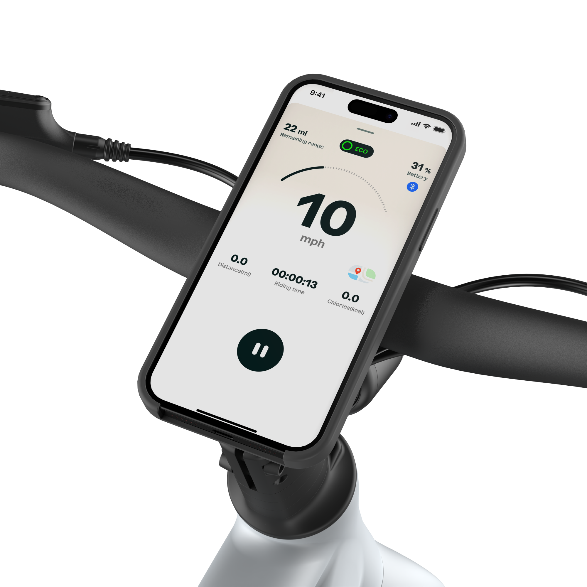 Smartphone on bike handlebar showing 10 mph speed and timer functions.