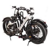 Two electric bikes on RV Rider bike rack with heavy-duty wheel holders